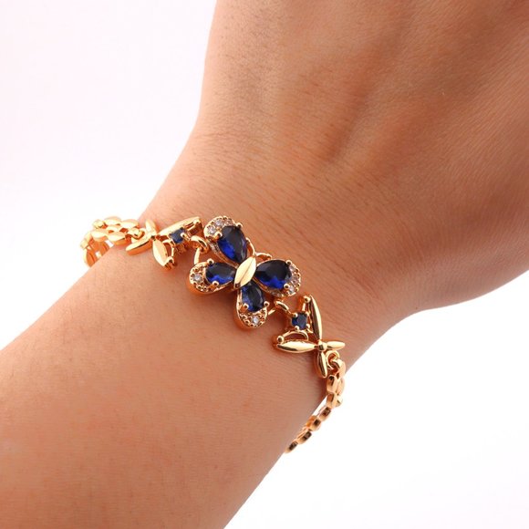 Enchanting Elegance 14kGold Plated Blue Cubic Zirconia Butterfly Linked Bracelet - Picture 5 of 12